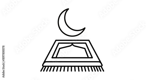 Prayer mat with mihrab design and crescent moon above, islam worship symbol for ramadan and eid religious practice and meditation