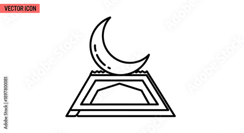 Islamic prayer rug with mihrab arch and crescent moon above, symbol for ramadan and eid religious activity and devotion