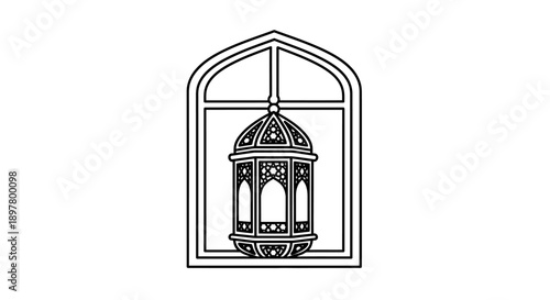 Minimalist outline drawing of Islamic lantern hanging inside arched window frame, simple geometric pattern, clear graphic element for design.