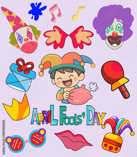 April Fools Day Cute Cartoon Elements Set – Clown, Prank Toys and Party Icons Vector