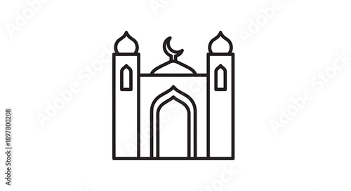 Stylized Islamic mosque building with minarets domes and arched entrance a simple black outline vector icon representing Islamic architecture and place of worship