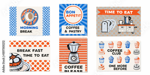 Collection of colorful kitchen and breakfast themed square posters