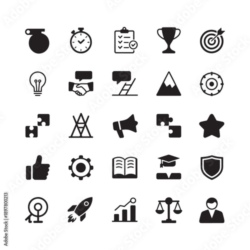 Collection of diverse black vector icons representing goals success and strategy