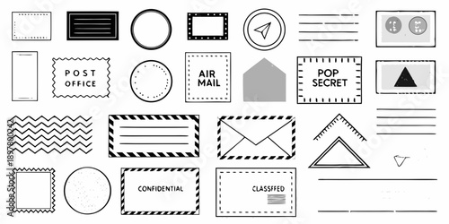 Collection of black and white postal stamps envelopes and related icons