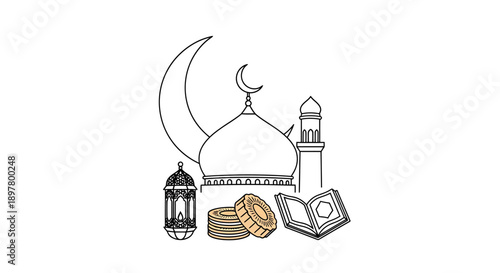 Islamic crescent moon mosque dome lantern and stack of coins with open holy quran book vector illustration representing ramadan and islamic traditions