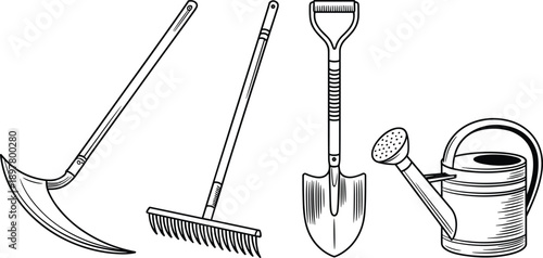 Gardening tools illustration including watering can, shovel, rake and scythe, vintage hand drawn farm and garden equipment vector