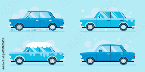 Four stages of a blue car getting washed at a carwash