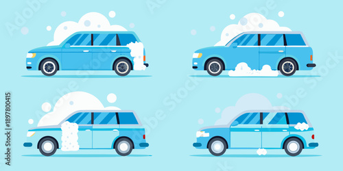 Blue station wagon car undergoing a car wash process in four stages