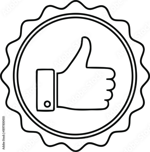Thumb up hand gesture line art icon in round frame, approval symbol for quality product or service