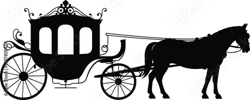 Horse carriage silhouette illustration, vintage royal coach with horse, classic transportation symbol for fairytale, wedding, and history themes