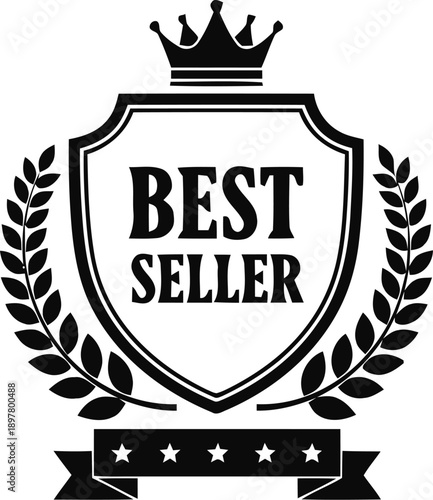 Best seller black silhouette shield with laurel wreath, crown and five stars on ribbon banner