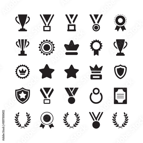 Collection of black and white achievement icons trophies stars ribbons and badges
