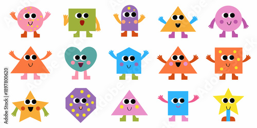 Colorful cartoon shapes with smiling faces and outstretched arms