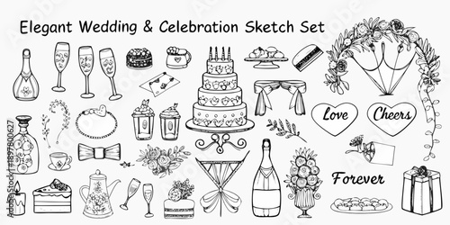 Elegant wedding sketch set featuring champagne cake and celebratory elements