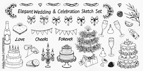 Elegant wedding and celebration sketch set with various decorative elements