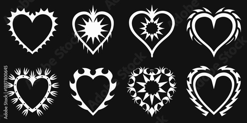 Four rows of diverse white heart shapes against a black background