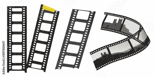 Film strips arranged in a dynamic illustrative composition with a yellow frame