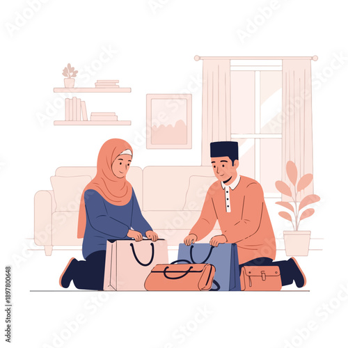 A cartoon illustration of a man and woman in traditional attire unpacking shopping bags in a cozy living room with a warm color palette.
