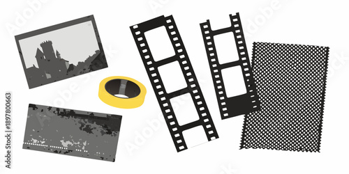 Film strips a reel and photographic prints illustrate cinematic imagery