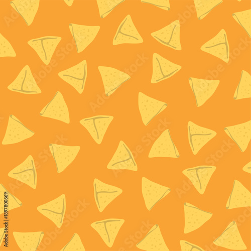 Seamless Samosa Vector Pattern. Indian Street Food Illustration. Perfect for food packaging, restaurant branding, menu templates, street food promotions.