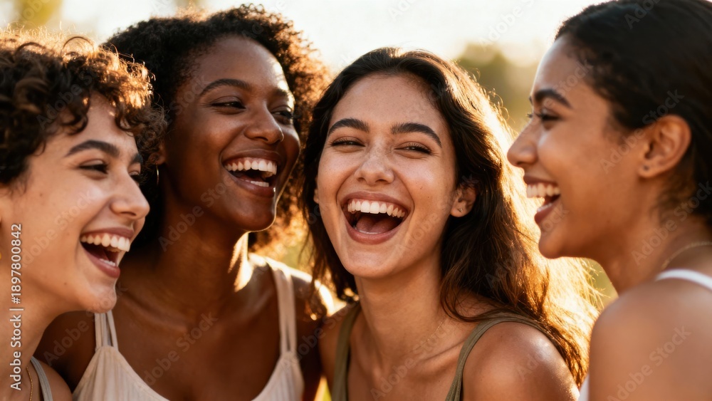 Fototapeta premium women leaders empowerment feminism unity concept. Four women laughing together in a joyful moment outdoors.