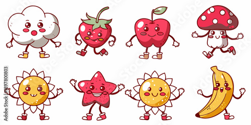 Cute cartoon fruits and flowers with faces cheerfully arranged in rows