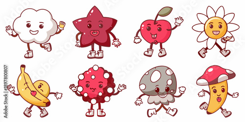 Cute cartoon fruits vegetables and objects with smiling faces