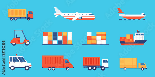Various modes of transportation and cargo containers in a flat design