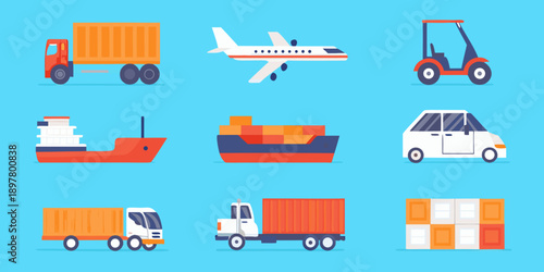 Various modes of transportation and cargo depicted in a flat illustration