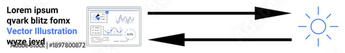 Data flow management, information exchange, technology processes, business analytics, communication flow, and IT systems. Two arrows linking a chart block and a light symbol. Data flow management
