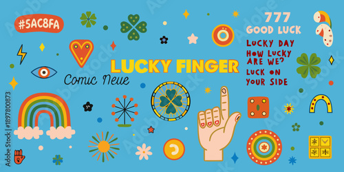 Colorful illustration featuring lucky charms a hand and celebratory text