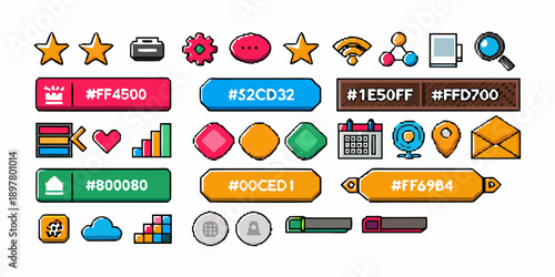 Colorful pixel art icons and rectangular colored buttons are displayed