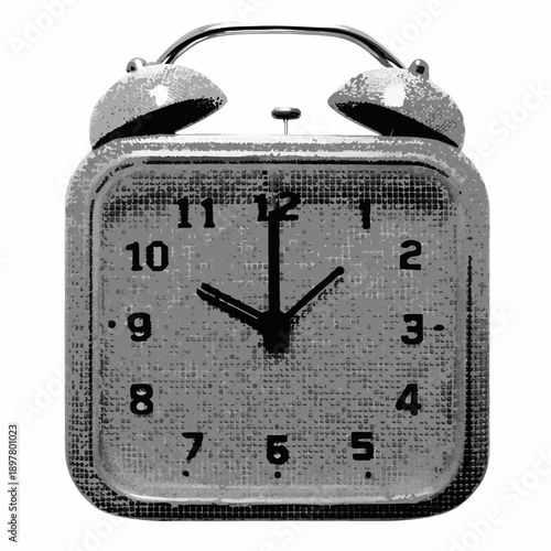 A vintage black and white alarm clock displaying approximately ten o clock