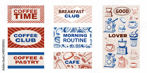 A collection of vintage style banners with coffee and breakfast themed illustrations
