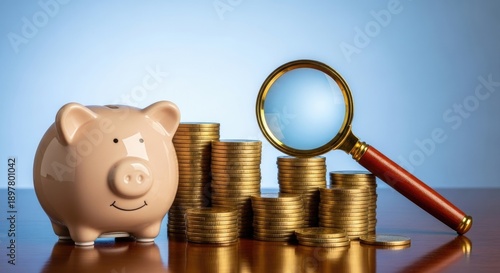 A pink piggy bank with a smiling face, surrounded by stacks of gold coins and a magnifying glass on a wooden table with a blue background.