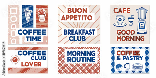 Collection of colorful hand drawn style cafe and breakfast themed labels