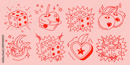 Red line art illustration featuring dice cherries apples and banana