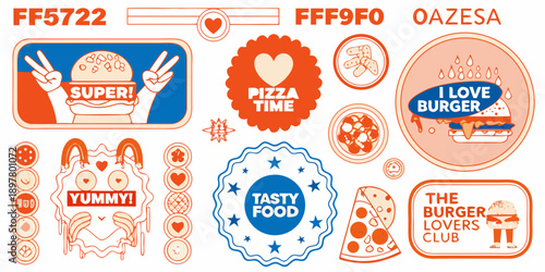 Colorful collection of fast food stickers and badges with playful designs