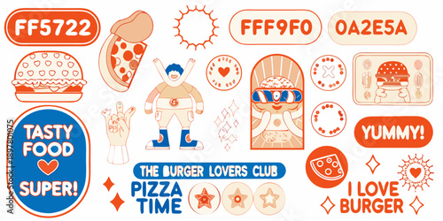 Colorful sticker collection featuring fast food items and playful designs