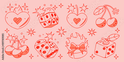 A collection of red line drawings featuring hearts cherries and dice
