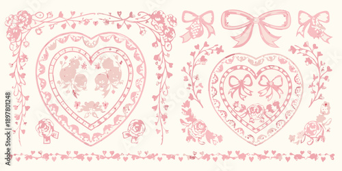 Vintage pink floral heart and bow decorative elements on a cream background