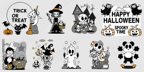Vintage halloween cartoon collection with spooky characters and festive decorations