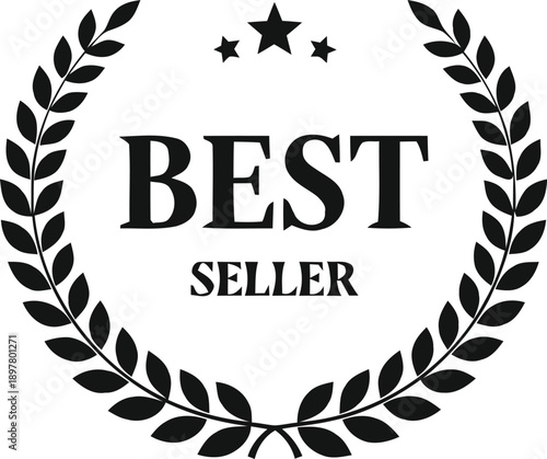 Best seller text inside black laurel wreath border with stars isolated on transparent background vector