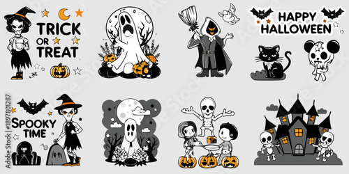 A collection of charming halloween illustrations and lettering designs