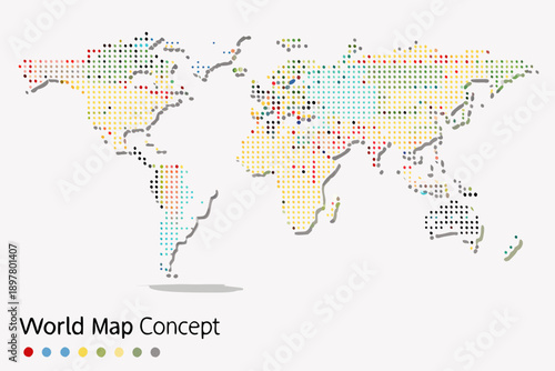 Colorful dotted world map illustration with continental shapes and a shadow