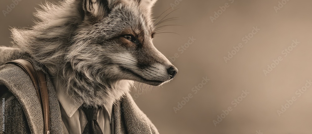 Naklejka premium Sophisticated Fox in Suit: Surreal Portrait of a Fashionable Anthropomorphic Animal