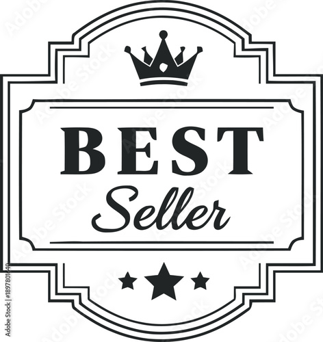 Vintage style best seller frame icon featuring crown and star details for antique product labeling and boutique branding art