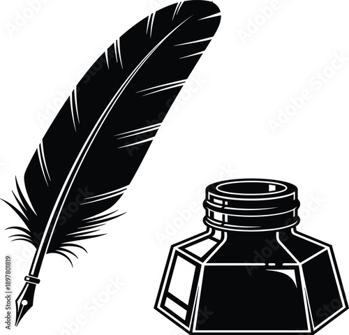 Vintage quill pen and ink bottle illustration, classic writing tool symbol isolated on white background