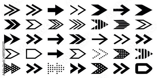 A vibrant and varied collection of black arrow icons and symbols in multiple styles for diverse design applications and web navigation.