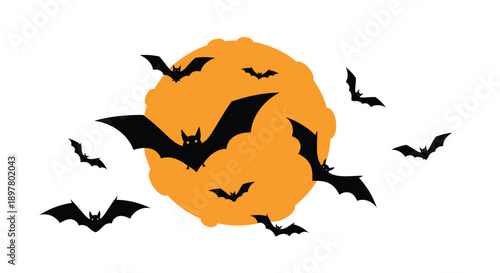 Halloween pumpkin with flying bats, vector illustration for banner or poster, isolated on transparent background, png